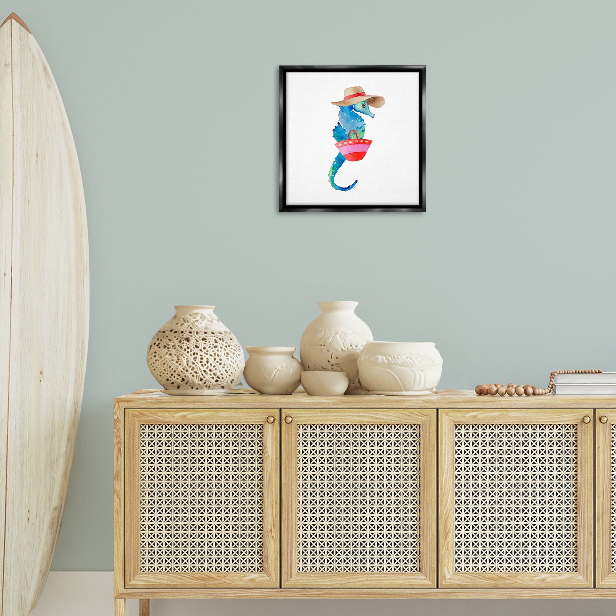 Stupell Industries Seahorse in Beach Hat Novelty Painting Black Floater Framed Canvas Art Print Wall Art, 18 x 18
