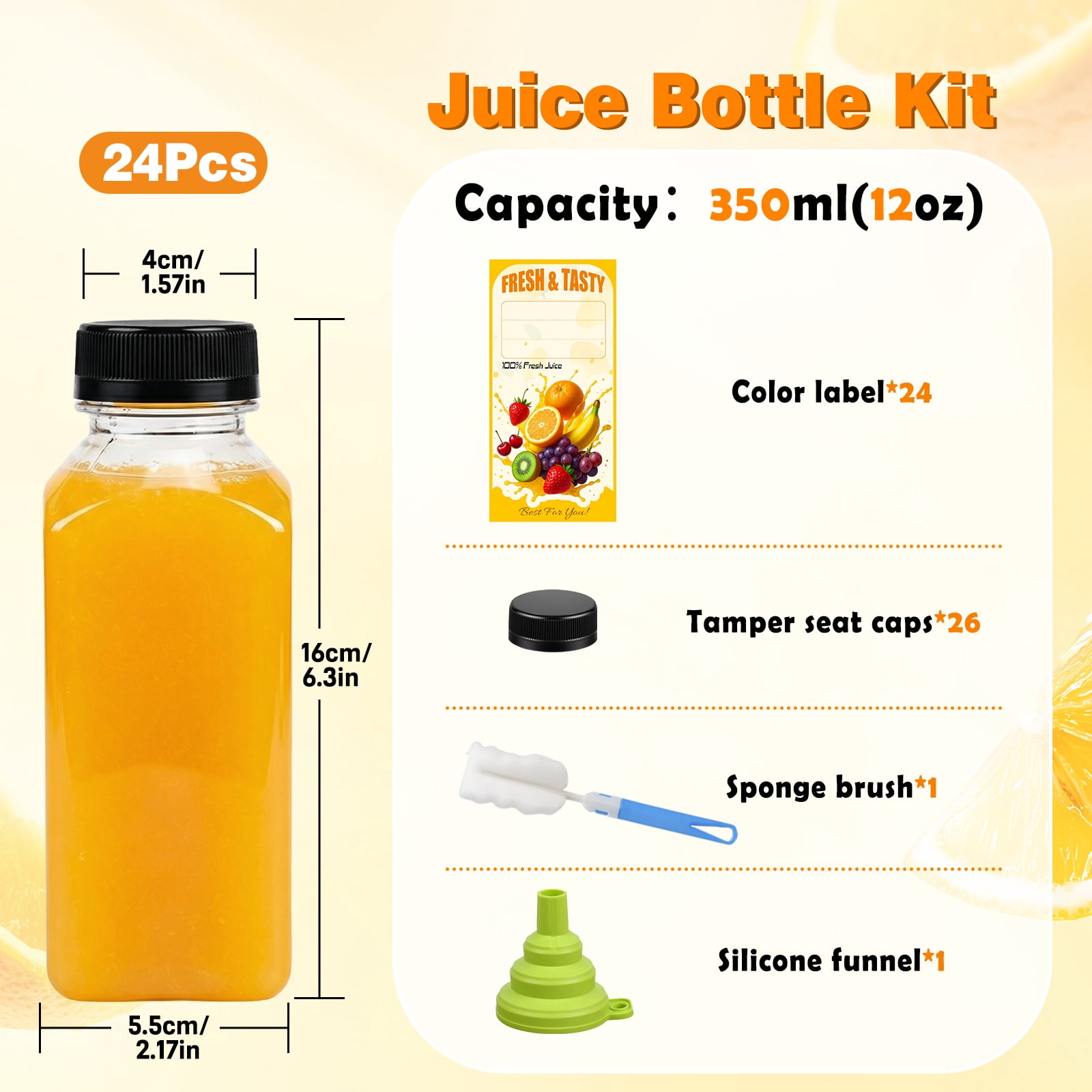 24Pack 12oz Plastic Juice Bottles, Empty Plastic Water Bottles with Caps, Reusable Containers for Juicing, Smoothies, Drinking