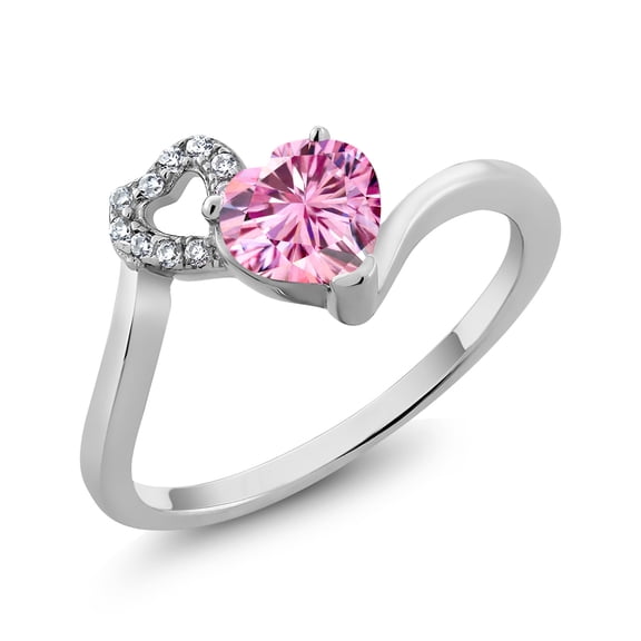 Gem Stone King 925 Sterling Silver Ring Heart Shape Pink Moissanite and (0.91 Cttw, Size 7)