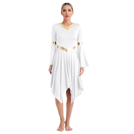 JanJean Women Metallic Praise Dance Tunic Long Sleeve Color Block Cross Performance Lyrical Dance White S