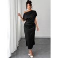 thumbnail image 5 of Black Satin Asymmetric One-Shoulder Ruched Waist Midi Dress For Women, 5 of 6
