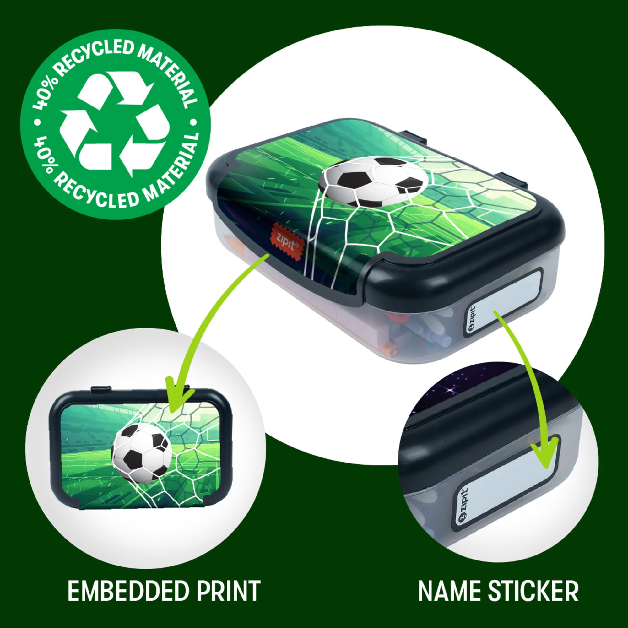 ZIPIT: Recycled Plastic Pencil Box - Soccer - Large Capacity Case, Sports Theme Stationery Organizer, School Supplies-Toys Holder, Snap Close, Kids