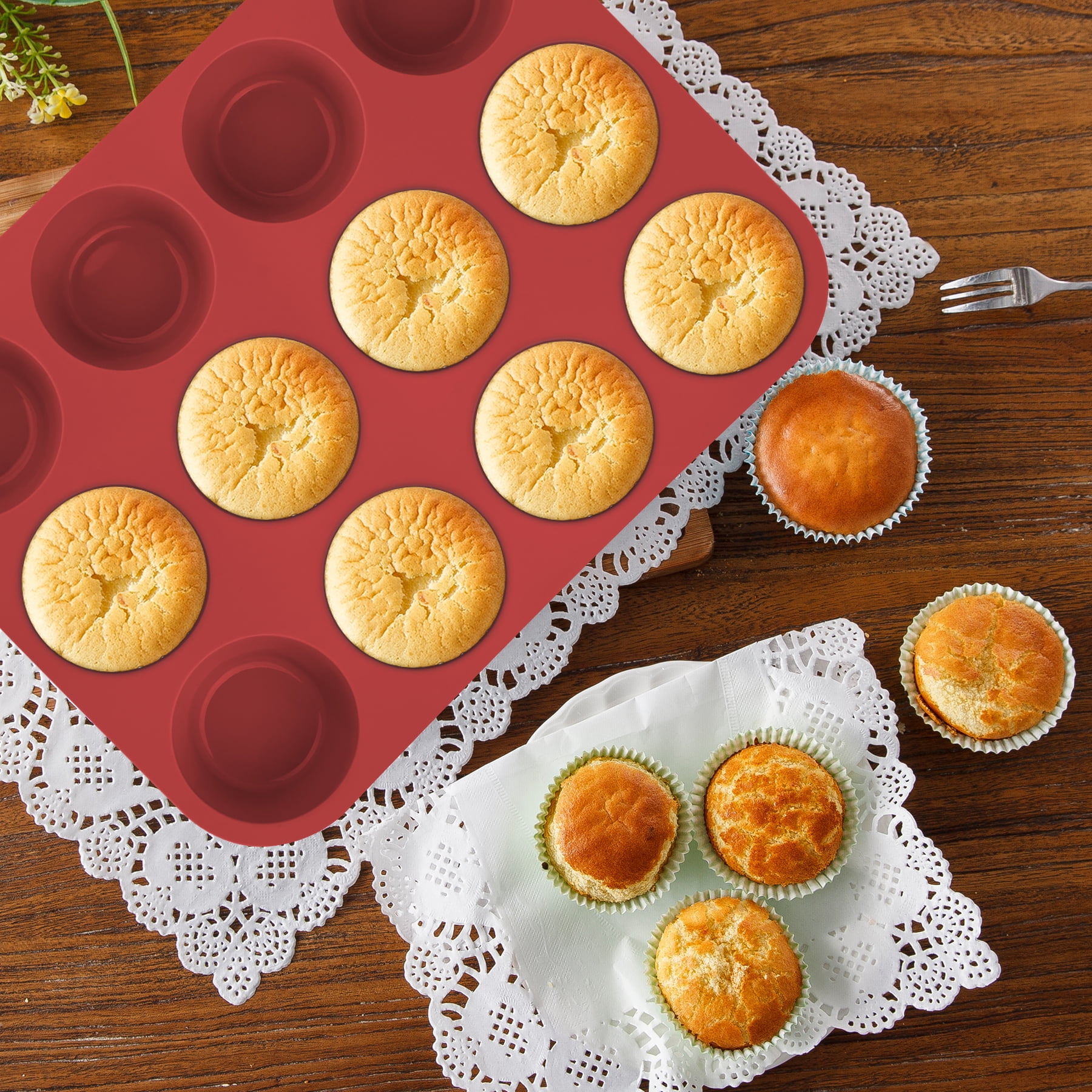 Aschef 7-Piece Non-Stick Silicone Baking Tray Set, Muffin, Loaf, Bread, Pizza, and Cake Pan-Red