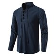thumbnail image 2 of JUUYY Men's Retro Lace up Long Sleeve Linen Shirts Renaissance Henley Shirt Medieval Solid Color Trendy Tops Navy S, 2 of 8