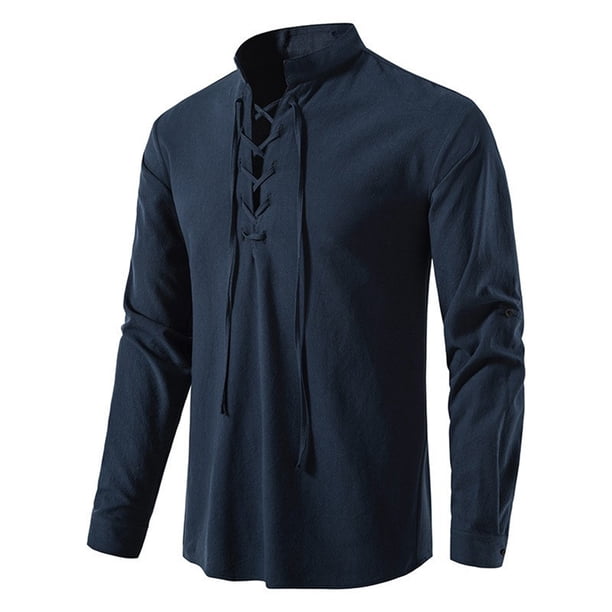 Blusa y camisa de manga larga con cuello alto para hombre, de algodón y lino, con cuello alto y corbata, de manga larga, estilo pulóver, blusa, blusa de algodón y lino para hombre.