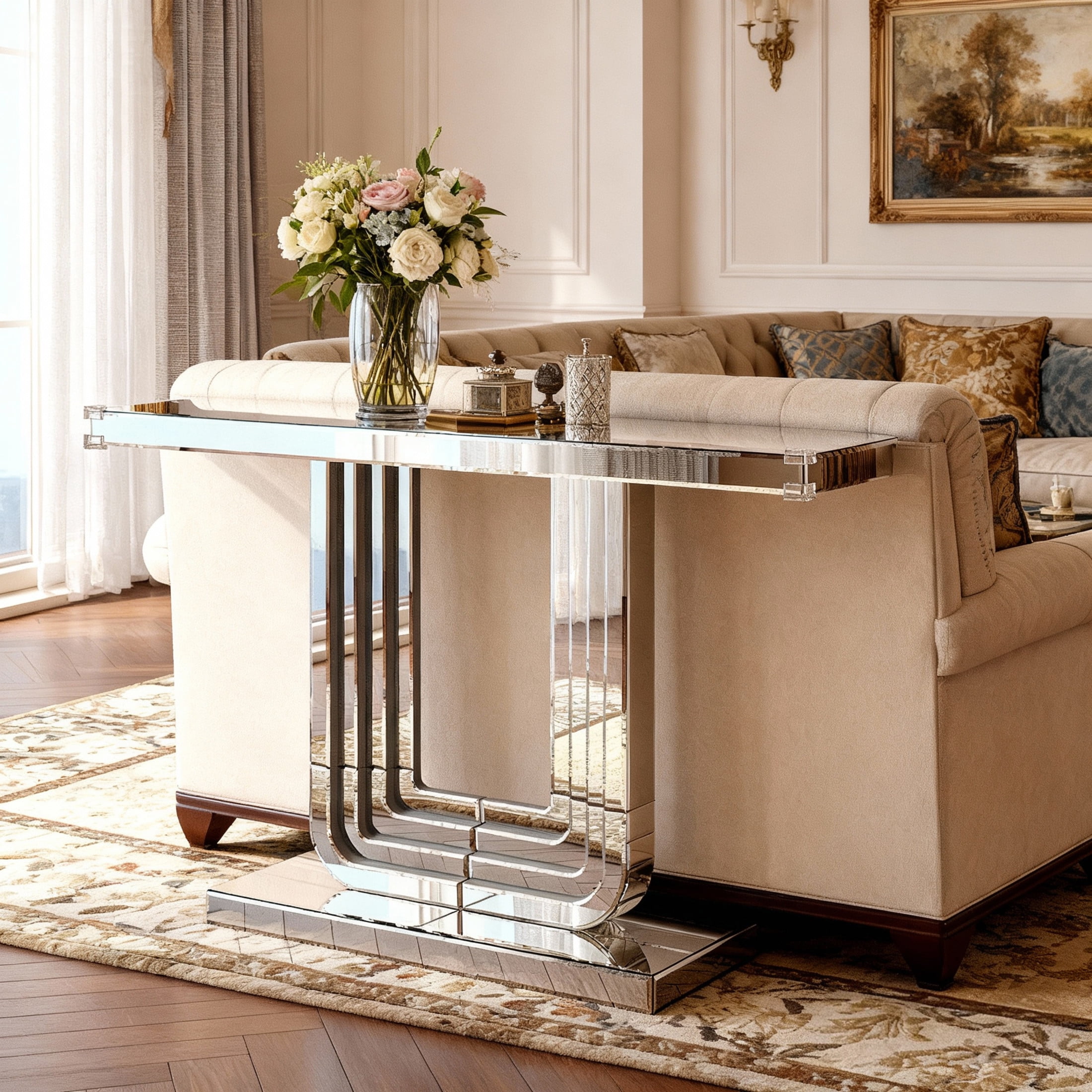 Noble house Mirrored Console Table, Silver Entryway Table with U-Base and Hand-Spliced Line Design,Silver