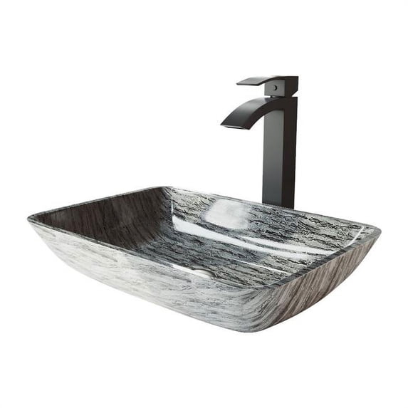 Rectangular Titanium Glass Vessel Bathroom Sink Set with Duris Vessel Faucet in Matte Black