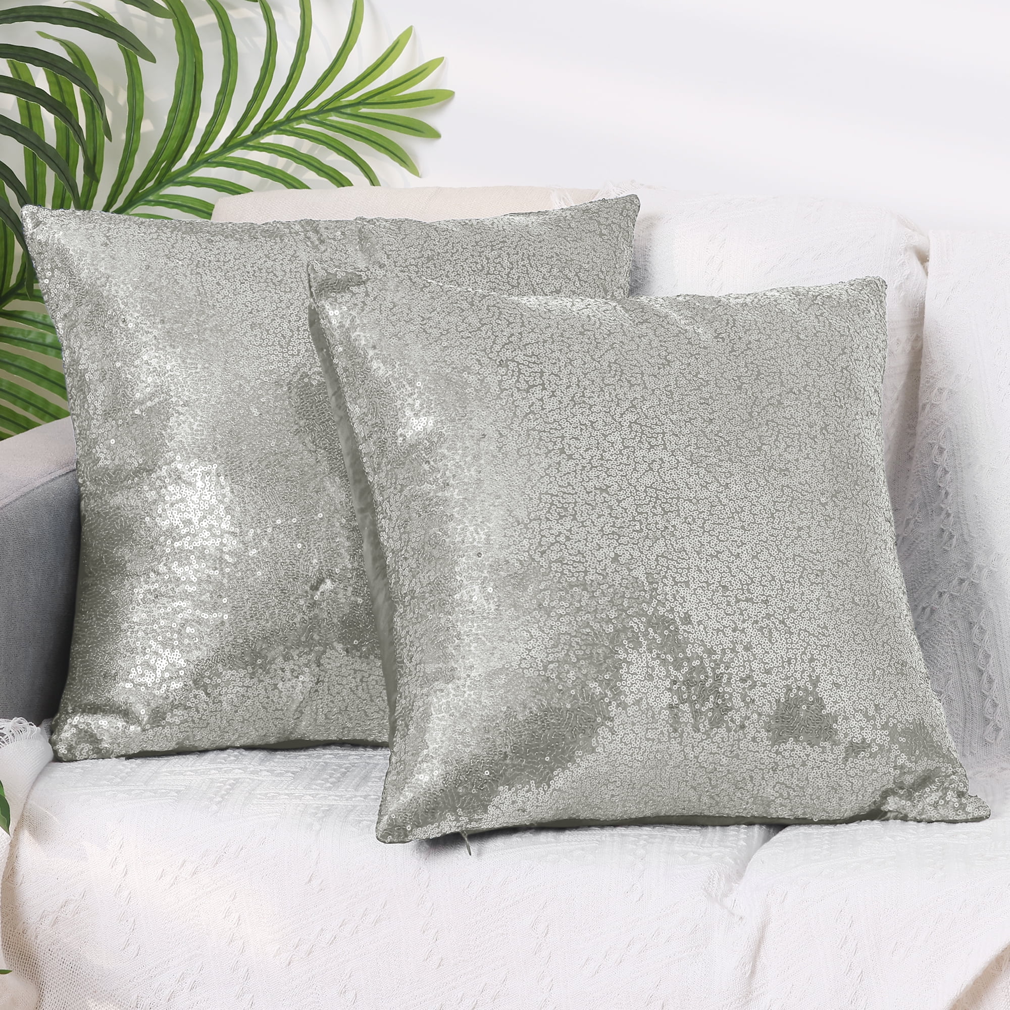 Unique Bargains Sequin Throw Pillow Covers 2 Glitter Decorative Pillow Cases Cushion Cover Silver 18" x 18"