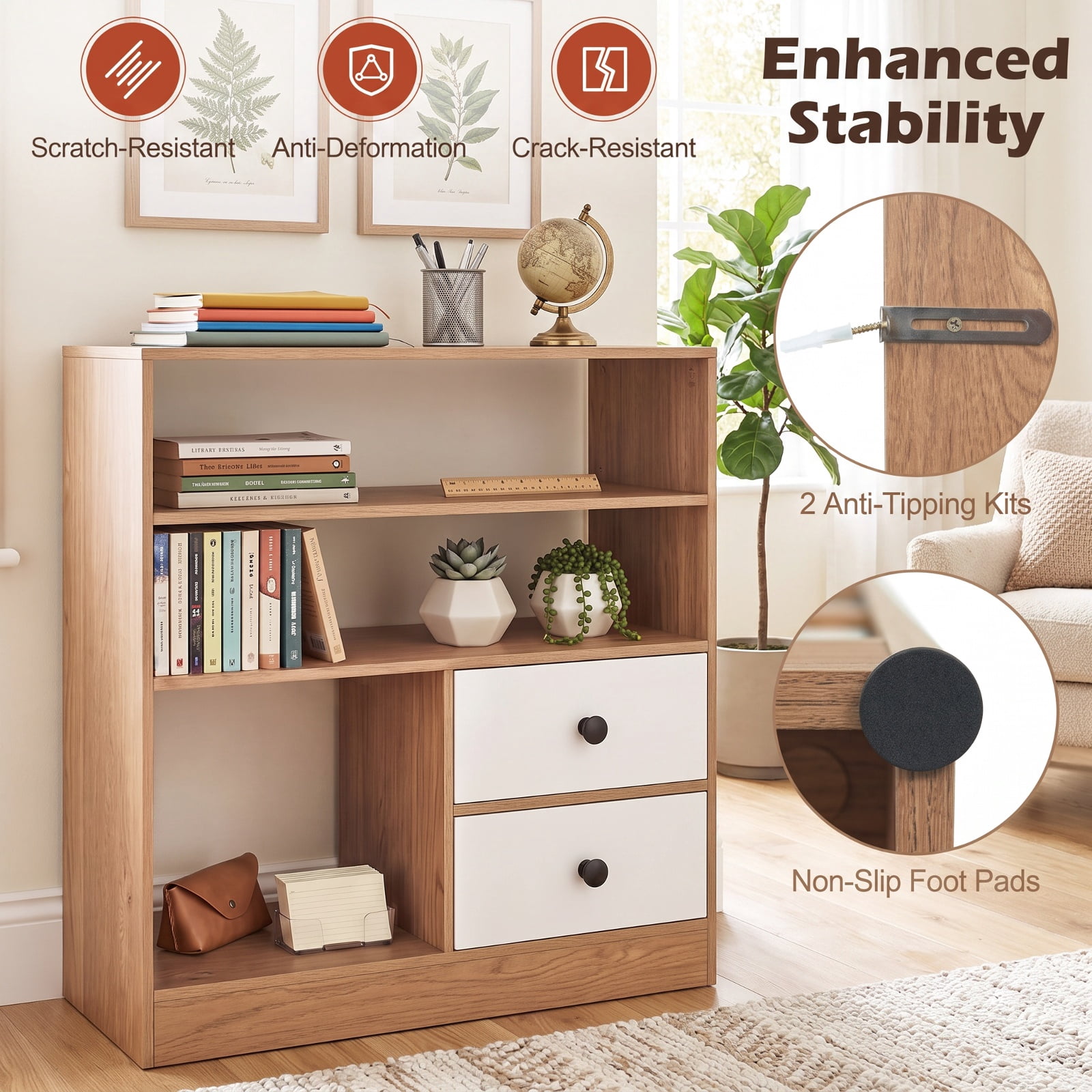Furnibear Open Accent Cabinet with 2 Drawers 3 Compartments and Countertop Bookshelf Storage for Entryway Living Room and Bedroom, Natural