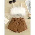 thumbnail image 2 of Gureui 2Pcs Toddler Infant Baby Girls Solid Color Outfits,Cropped Fluffy Fur Camisole + Belted Leather Shorts Clothes Set, 2 of 9
