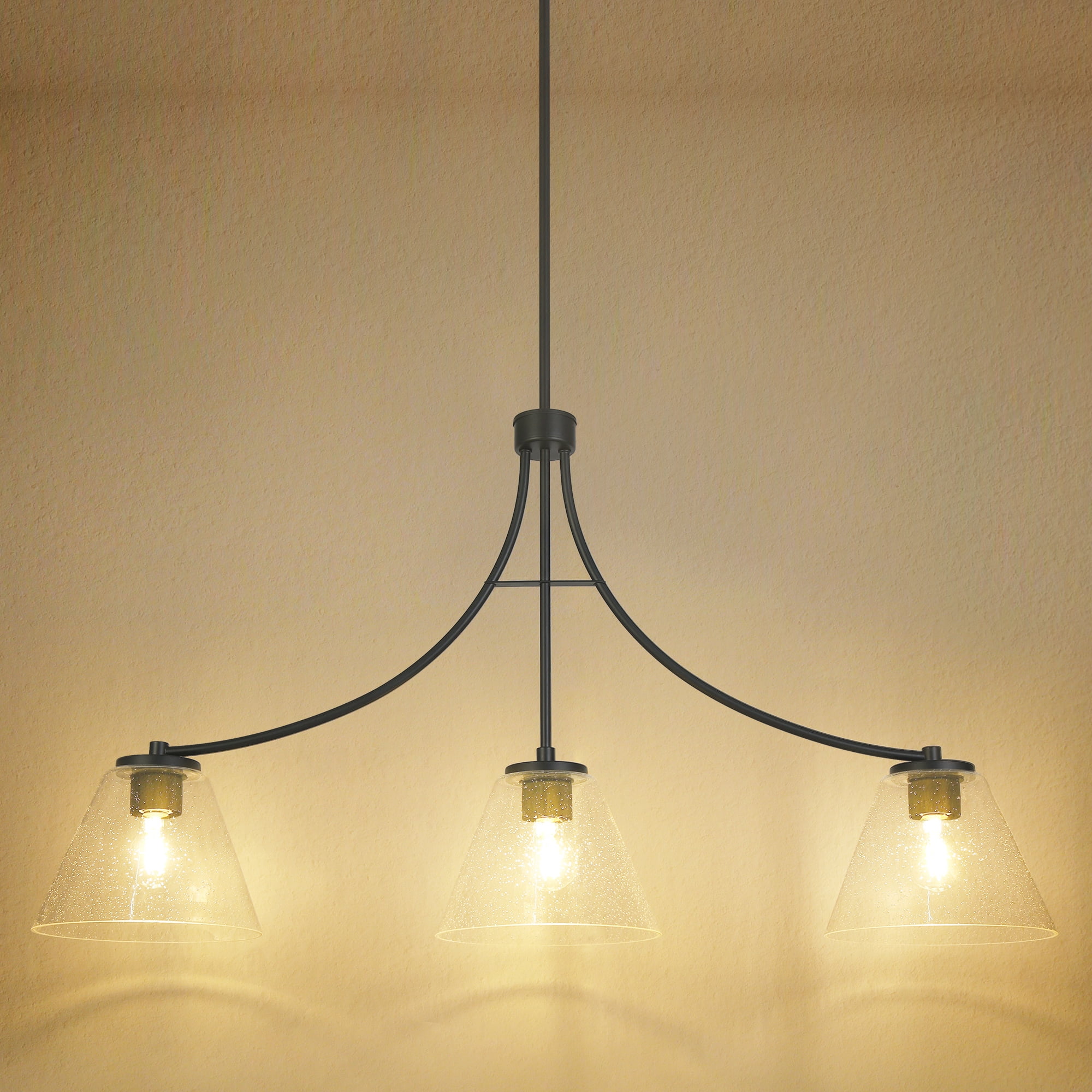 LNC Pulpmille 3 -Light 42''L Matte Black and Seeded Glass Farmhouse Seeded glass Linear Large Hanging Kitchen Island Light