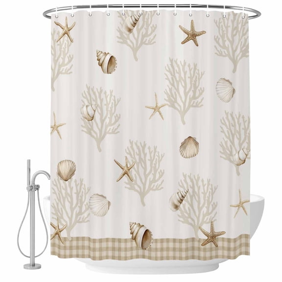 Shower Curtain Bathroom Set Ocean Coral Starfish Shell Waterproof Fabric Shower Curtains with Grommets&Hooks, Marine Theme on Beige Plaid Privacy Bath Curtain for Bathtub 36x72in