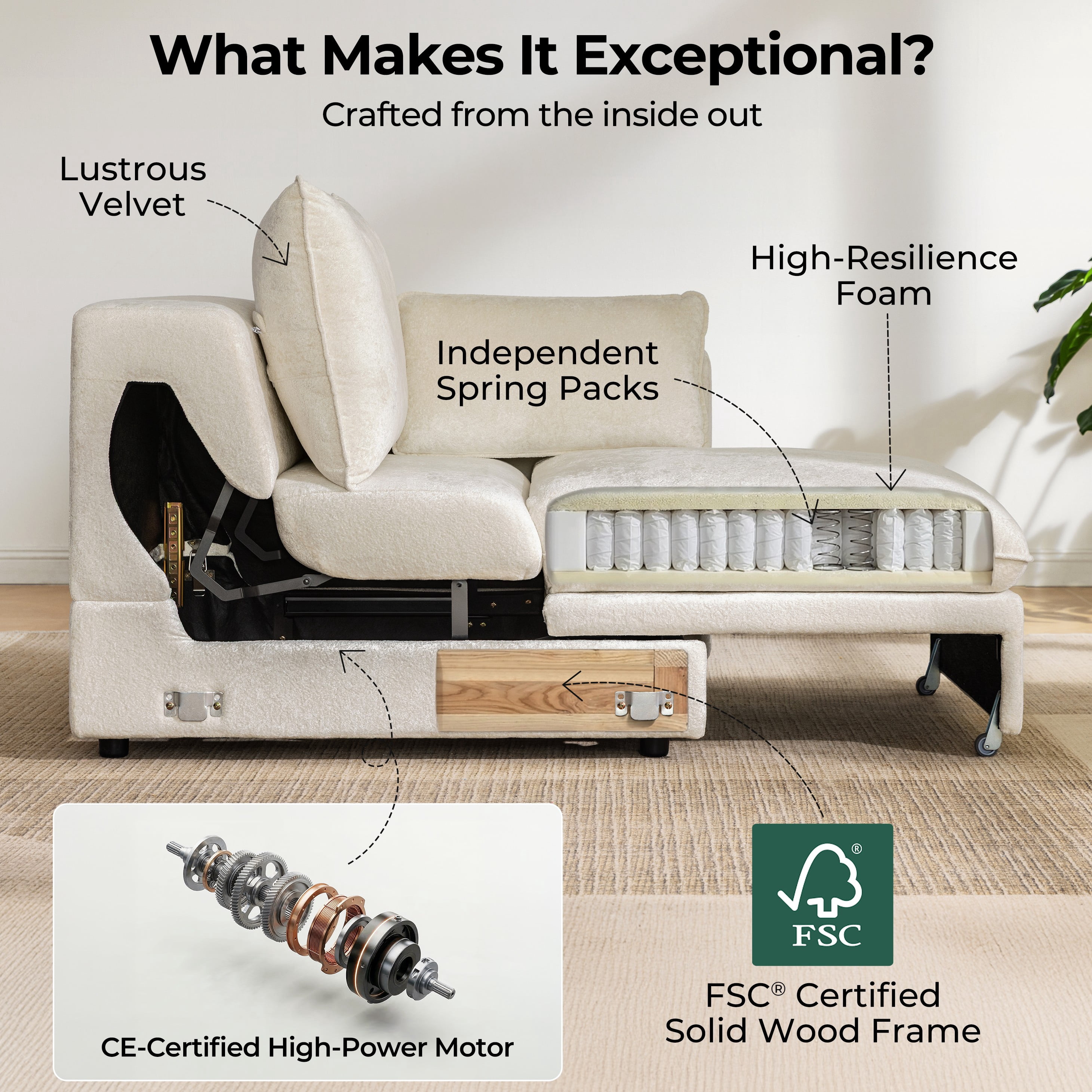 CHIC HOUSE 104" Electric Extendable Sofa Bed with Triple Motor, Convertible Smart Power Reclining Sleeper Sofa Deep Seat 3-Seat Couch with Solid Wood Frame in Velvet, Beige