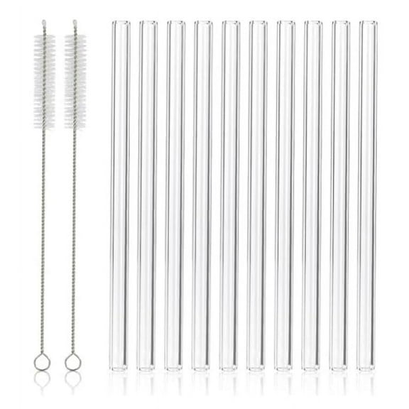 PMSSYPL12 Reusable Transparent Curved Glass Straws, 10 Straight Straws 2 Straw Cleaning Brushes, 7 Inches X 8 Millimeters, Suitable For Juice, Coffee, Cocktails, Smoothies Reusable Transparent Curved