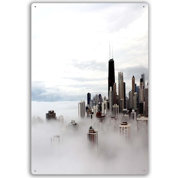Grey Chicago City Buildings Tin Sign Vintage In The Clouds Wall Art for Kitchen Cafe Office Home Decor 8x12 Inch