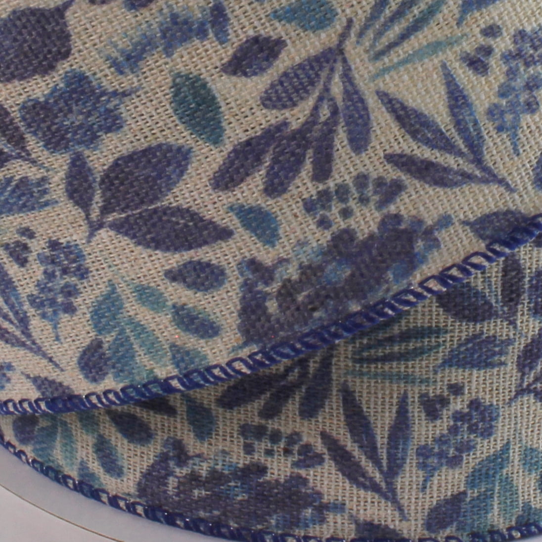 2 1/2" Wired Ribbon Blue Watercolor Foliage Burlap 25yds