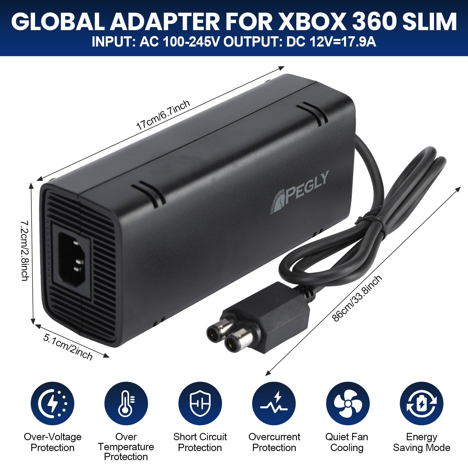 PEGLY AC Adapter for Xbox 360 Slim, Power Supply with Cord Replacement Charger Power Brick for Xbox 360 Slim Console