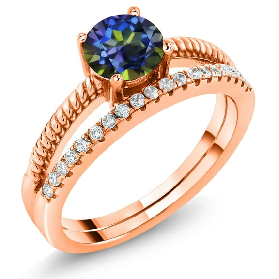 Gem Stone King 18K Rose Gold Plated Silver Blue Mystic Topaz Engagement Engagement Ring for Women (1.19 Cttw, Gemstone November Birthstone, Round 6MM, Size 7)