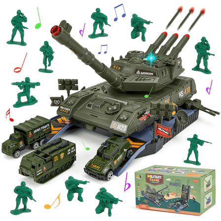 Zacro Tank Toys Playset, Army Toy Tank with Lights & Sound, 3 Army Vehicles Trucks, 10 Army Men, Toy Gifts for Toddler Kids Boys Ages 3 