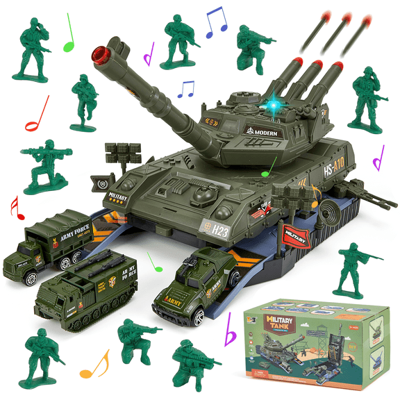 Zacro Tank Toys Playset, Army Toy Tank with Lights & Sound, 3 Army Vehicles Trucks, 10 Army Men, Toy Gifts for Toddler Kids Boys Ages 3 
