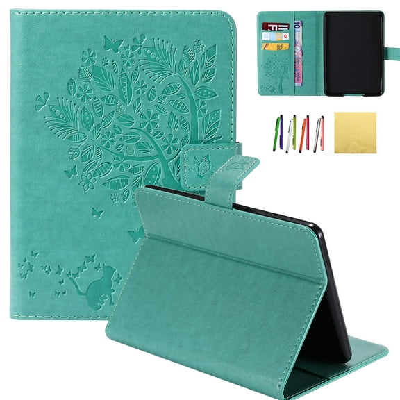 Kindle Paperwhite Case, Allytech Embossed Cat & Tree PU Leather Stand Folio Cover with Credit Card Slots for Amazon Kindle Paperwhite ( Fit All Paperwhite Generations Prior to 2018), Green