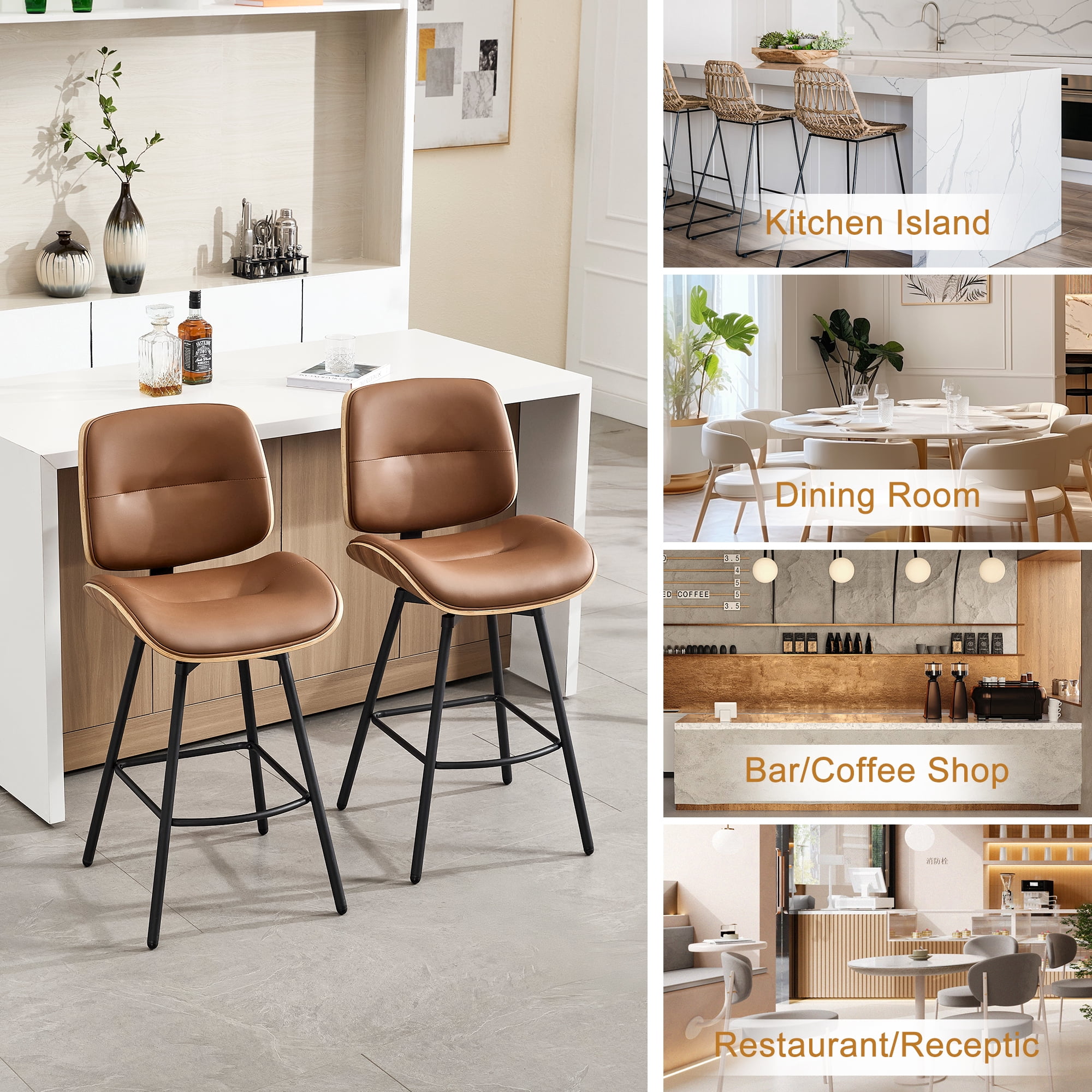 Counter Height Bar Stools Set of 4, 26" Swivel PU Leather Upholstered Bar Stools with Walnut Backs and Metal Legs, Retro Counter Stools for Kitchen Island, Dining Room, Pub, Brown