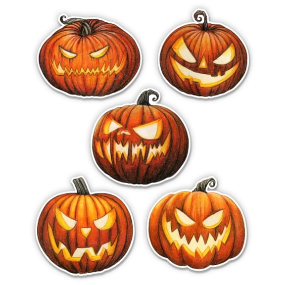Halloween Pumpkins Jack o Lantern Set of 5 Spooky - 3" Each Vinyl Stickers - For Car Laptop Water Bottle Phone - Waterproof Decals