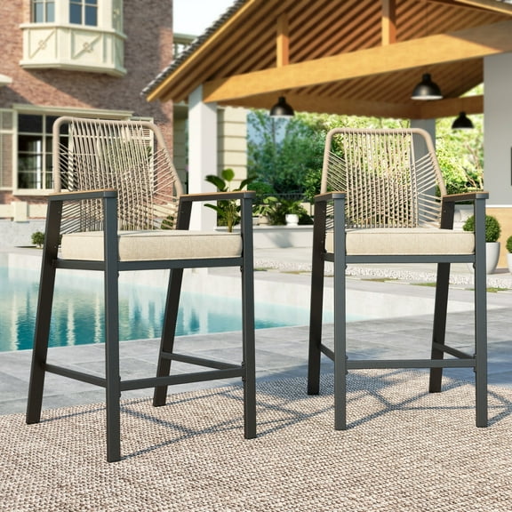 Summit Living Outdoor Bar Stool Set of 2, All-Weather Rattan Patio Counter Height Bar Chairs with Removable Cushion for Patio, Garden, Kitchen