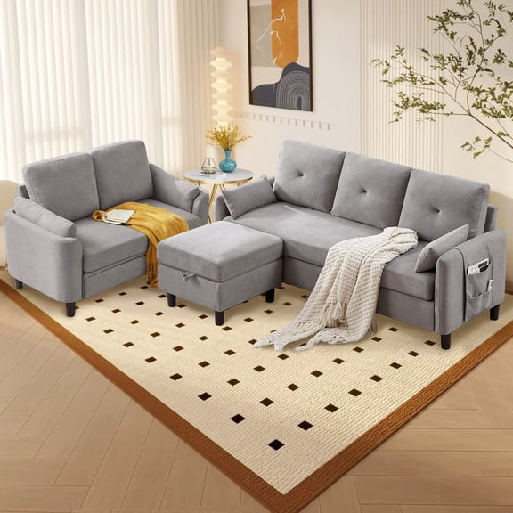 Soscana Convertible Sectional Sofa with Storage Ottoman and Loveseat, 3 Seater L Shaped Couch with Reversible Chaise and Storage Pockets for Living Room Apartment Studio Office,Light Gray