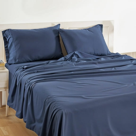 Casa Platino Full Size Bed Sheets – Cooling Percale 100% Soft Cotton Set, Smooth Luxury Finish, Long-Lasting Comfort, 15” Deep Pocket Low Pill – Navy