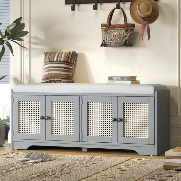 47" Rustic Entryway Bench with Storage Compartments Door, Shoe Storage Bench with Breathable Door and Adjustable, Shoe Organizer Cabinet for Bedroom, Living Room, Hallway, Gray