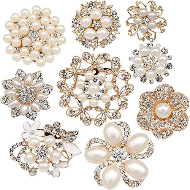 Lote de 9 broches de diamantes de imitación en tono oro rosa, juego de ramo de novia de cristal de perla grande