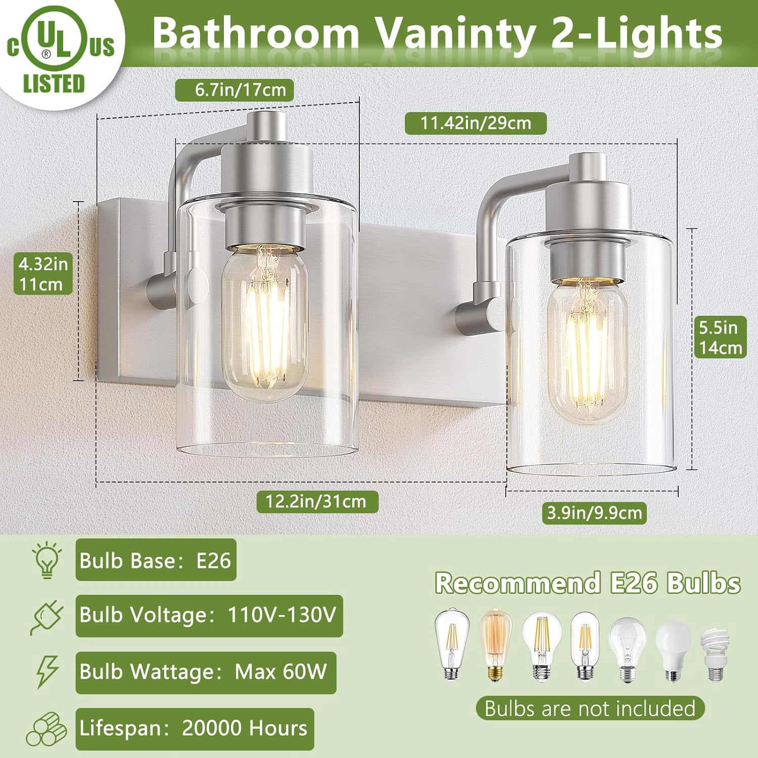 Bathroom Light Fixtures Bathroom Vanity Light 2-Light Bathroom Lights over Mirror with Clear Glass Shade for Kitchen Living Room Bedroom