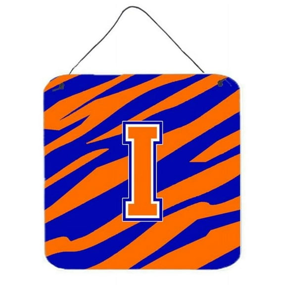 Letter I Initial Tiger Stripe - Blue Orange Aluminium Metal Wall Or Door Hanging Prints