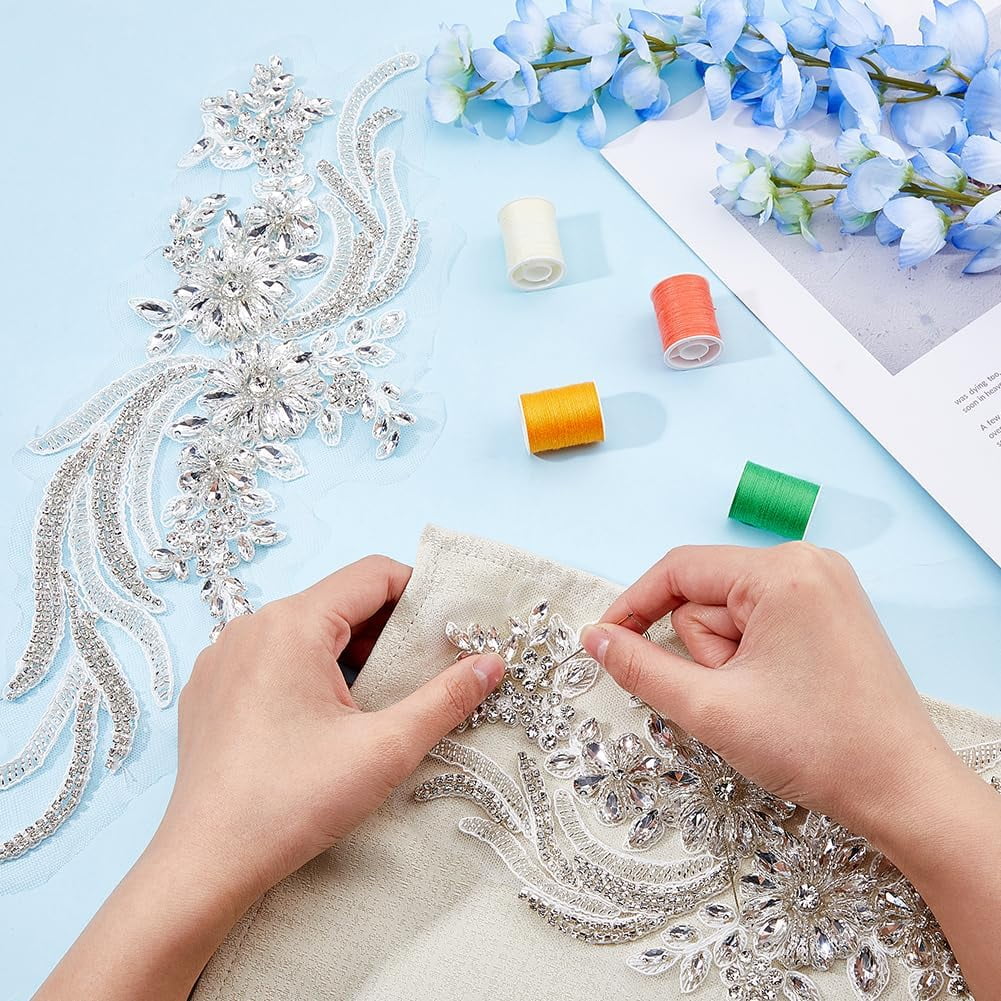 2Pcs Flower Lace Bead Applique Handmade Rhinestones Appliques Embroidery Floral Patch Sewing Beads Trim Patch Sparkly Sequins Beaded Applique for DIY