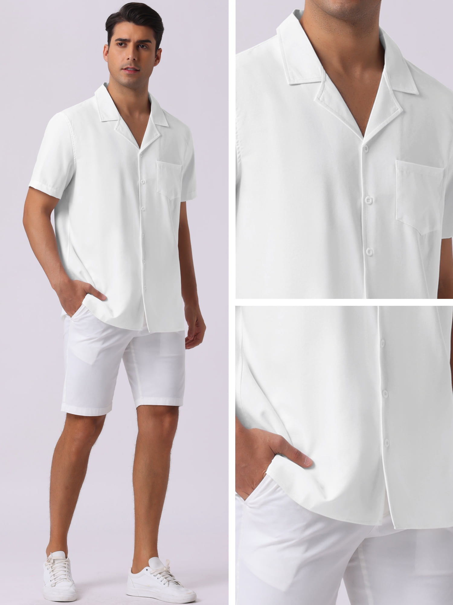 DARING DIVA Men's Linen Camp Collar Short Sleeve Button Down Beach Shirts S White