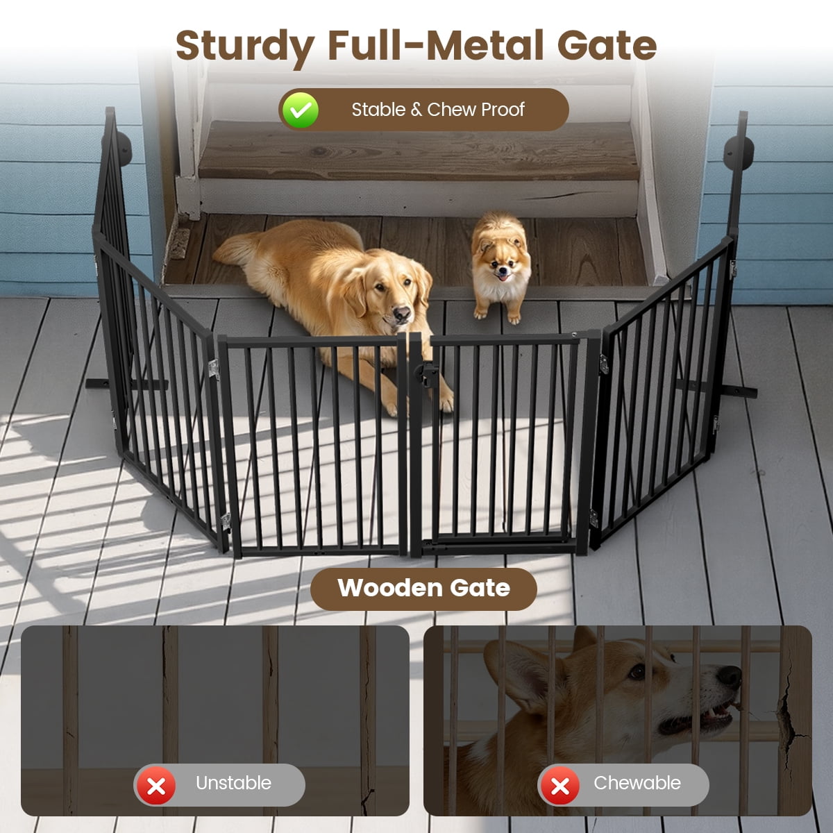 Dog Gate, Domipet 6 Panels Pet Gate Freestanding, 120''Extra Wide Dog Gate 32''Height Pet Playpen for Doorways, Black