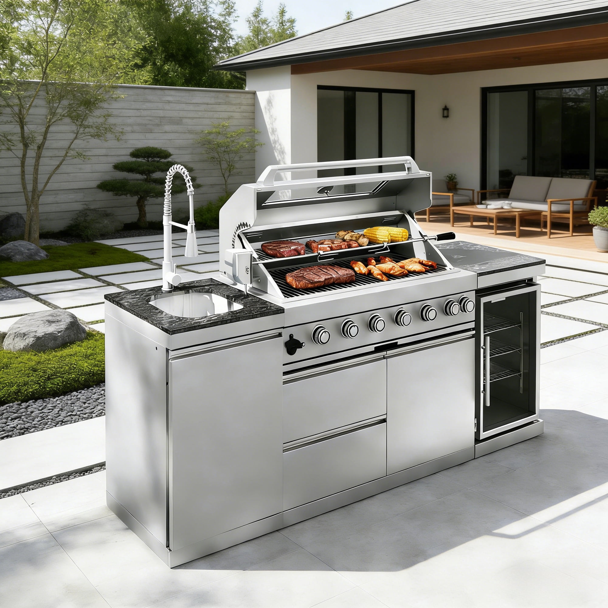Daheat Stainless Steel Modular Outdoor Kitchen Gas Grill Island with 6-Burner 85000 BTU Grill, Wine Cooler, Fridge, Rotisserie, Granite Top & Storage