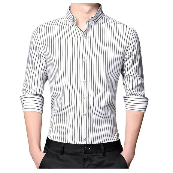 Men's Classic Dress Shirt Collared Long Sleeve Slim Fit Vertical Striped Work Blouse Business Button Down Shirts
