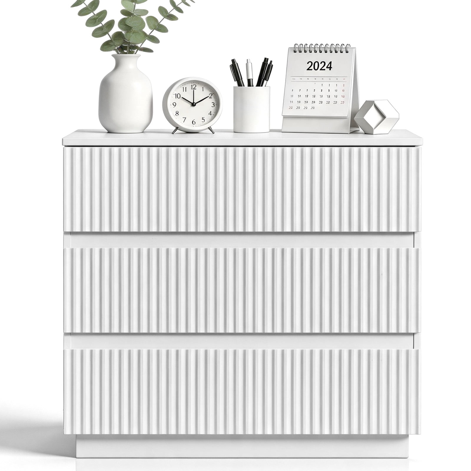 White 3-Drawer Nightstand, Handleless Grille Design, 23.62 x 12.99 x 22.05 in