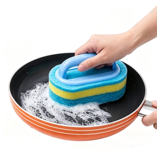 Cepillo de esponja con mango para la limpieza de la cocina | Estropajo para ollas, sartenes y platos | Almohadilla abrasiva que no raya para manchas y grasa