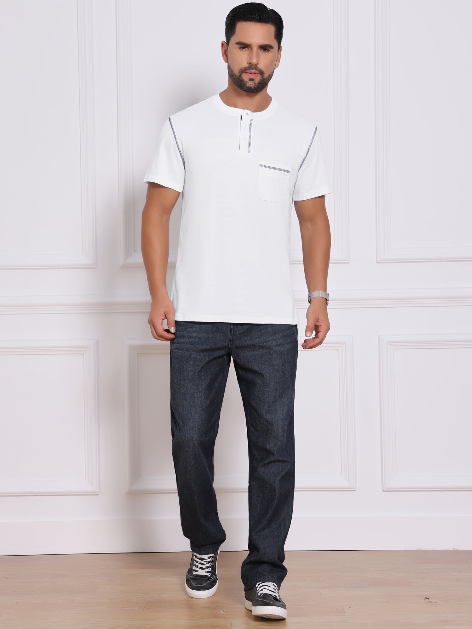 DARING DIVA Men's Henley Crew Neck Short Sleeve Button Down T-Shirt M White