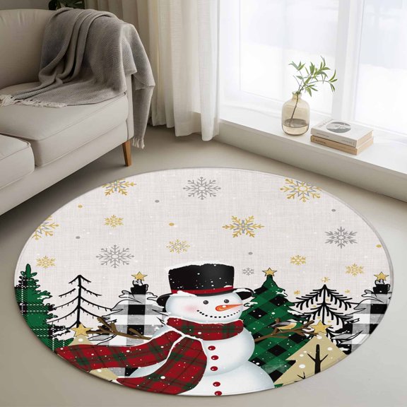 Round Rugs 3.3Ft, Christmas Round Area Rug Washable Indoor Throw Carpet, Rustic Snowman Winter Snowflake Xmas Tree Soft Non Slip Circle Rug for Laundry Room Patio Home Decor Aesthetic