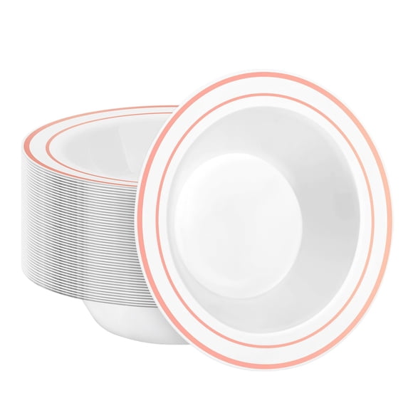 BESTSTAR 50 Pack Disposable Soup Bowls with Rose Gold Rim, 12oz Premium Heavy Duty Plastic Dinner Bowls for Party, Wedding and Holiday