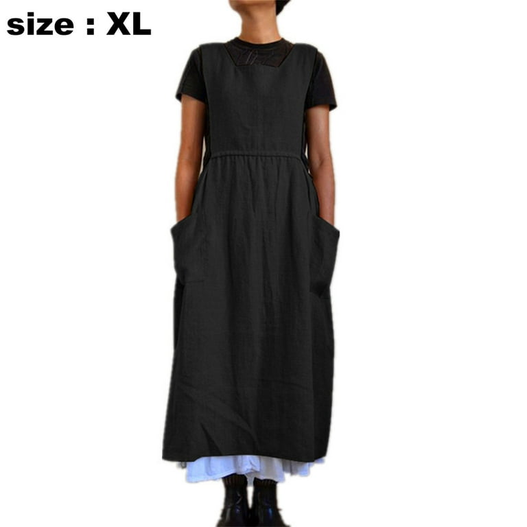 Women Dress Casual Loose Solid Pinafore Long Straps Apron Cotton Linen  Overall Dresses with Pockets - Walmart.com