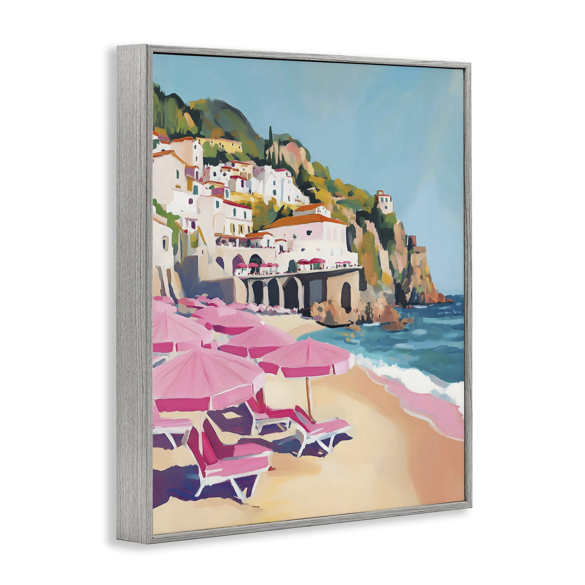 Stupell Industries Pink Beach Chairs on Shoreline Gray Framed Giclee Art, design by The Prints Vibe