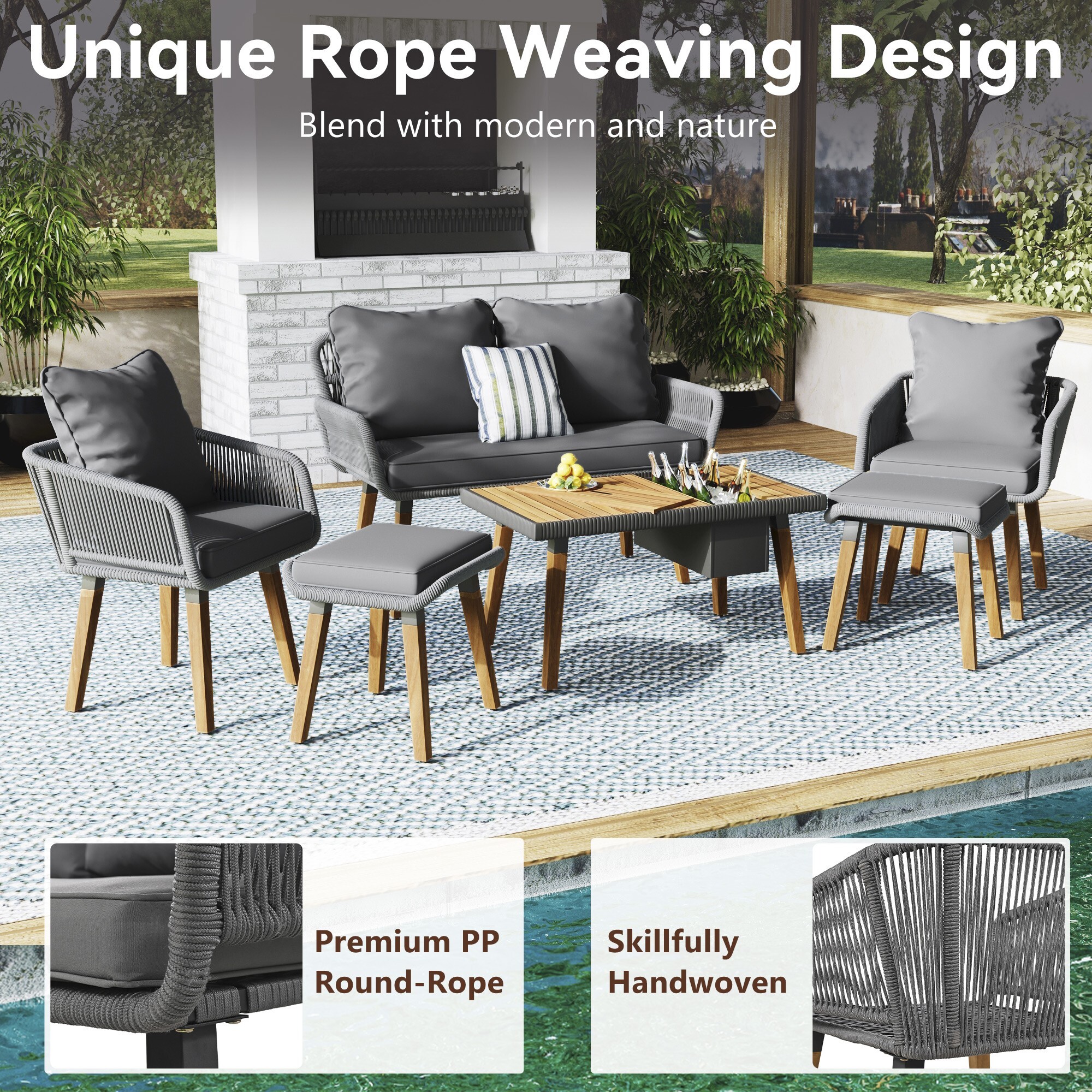 AENKYO 6-Piece Outdoor Patio Furniture Set, Patio Conversation Set with Cushioned Rope Woven Chairs, Cool Bar Coffee Table with Ice Bucket, Dark Gray