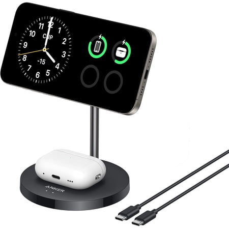Upgraded Anker MagSafe Compatible Charger Stand, MagGo 2-in-1 Charging Station, Qi2 Certified 15W Wireless Charger Stand