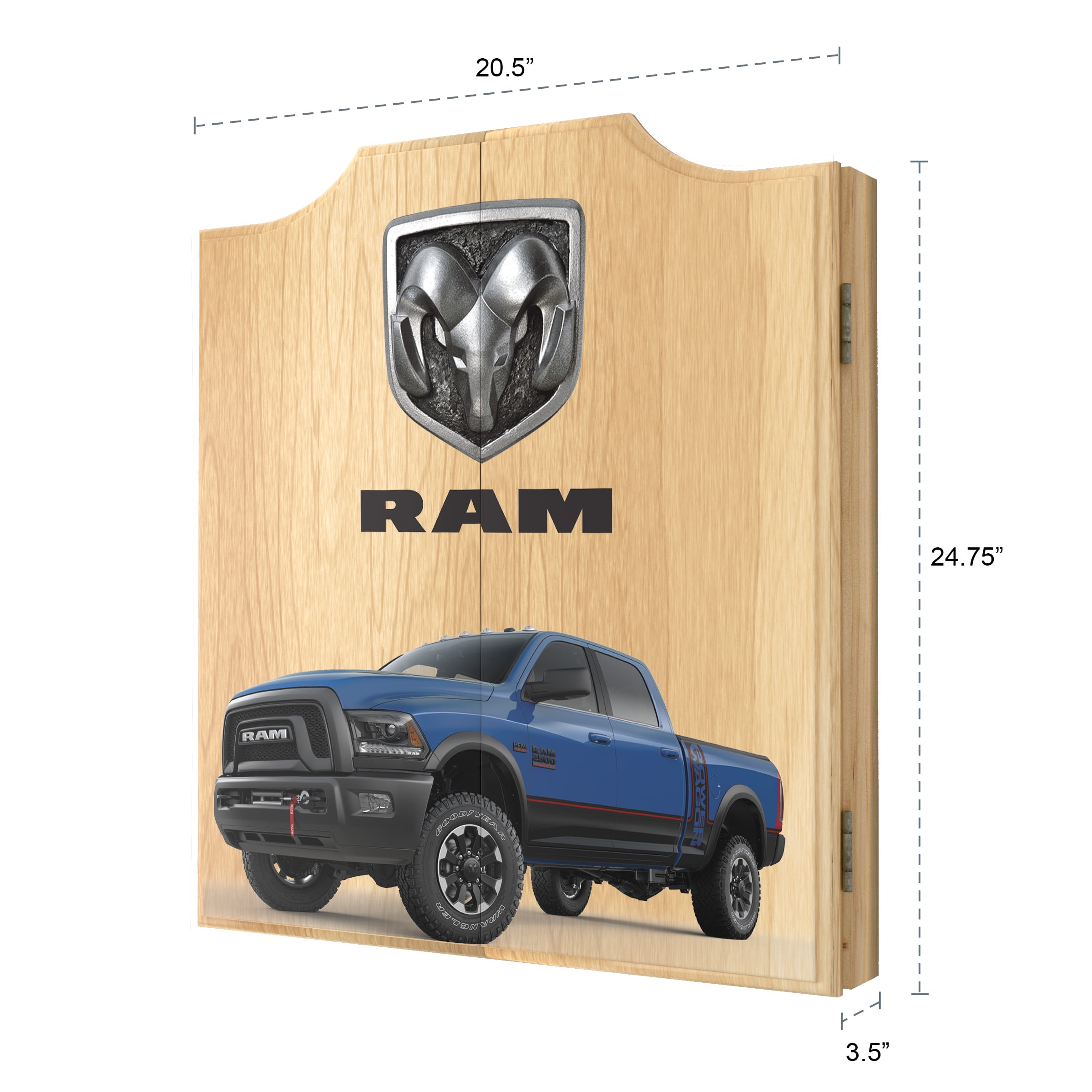 RAM Truck Blue Dart Board Cabinet Set with 6 Steel Tip Darts