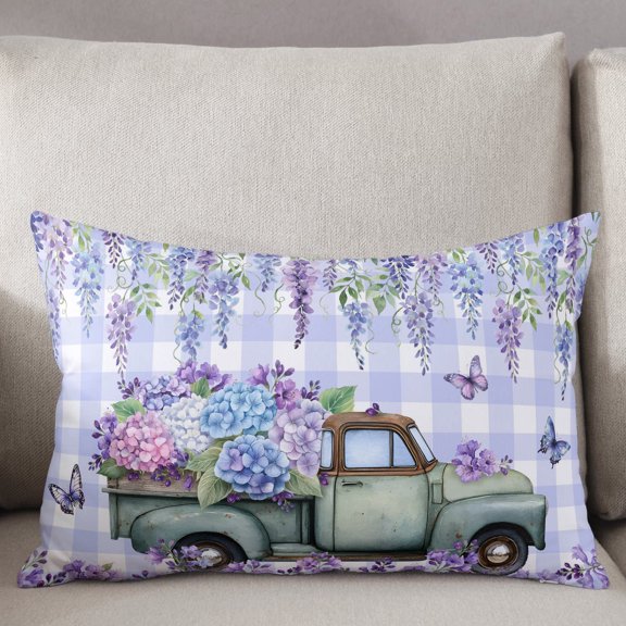 Decorative Pillow Cover 12x20 Inch Spring Floral Lumbar Pillow Cover Vintage Truck Purple Flowers Butterflies Soft Cushion Covers for Sofa Couch Bed, Living Room Home Decor